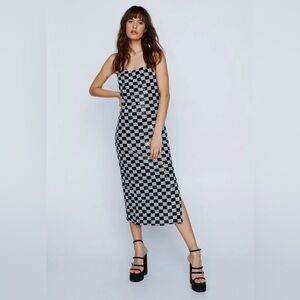 NWT Nasty Gal Sequin Checkerboard Midi Slip Dress, black and white, sz 6
